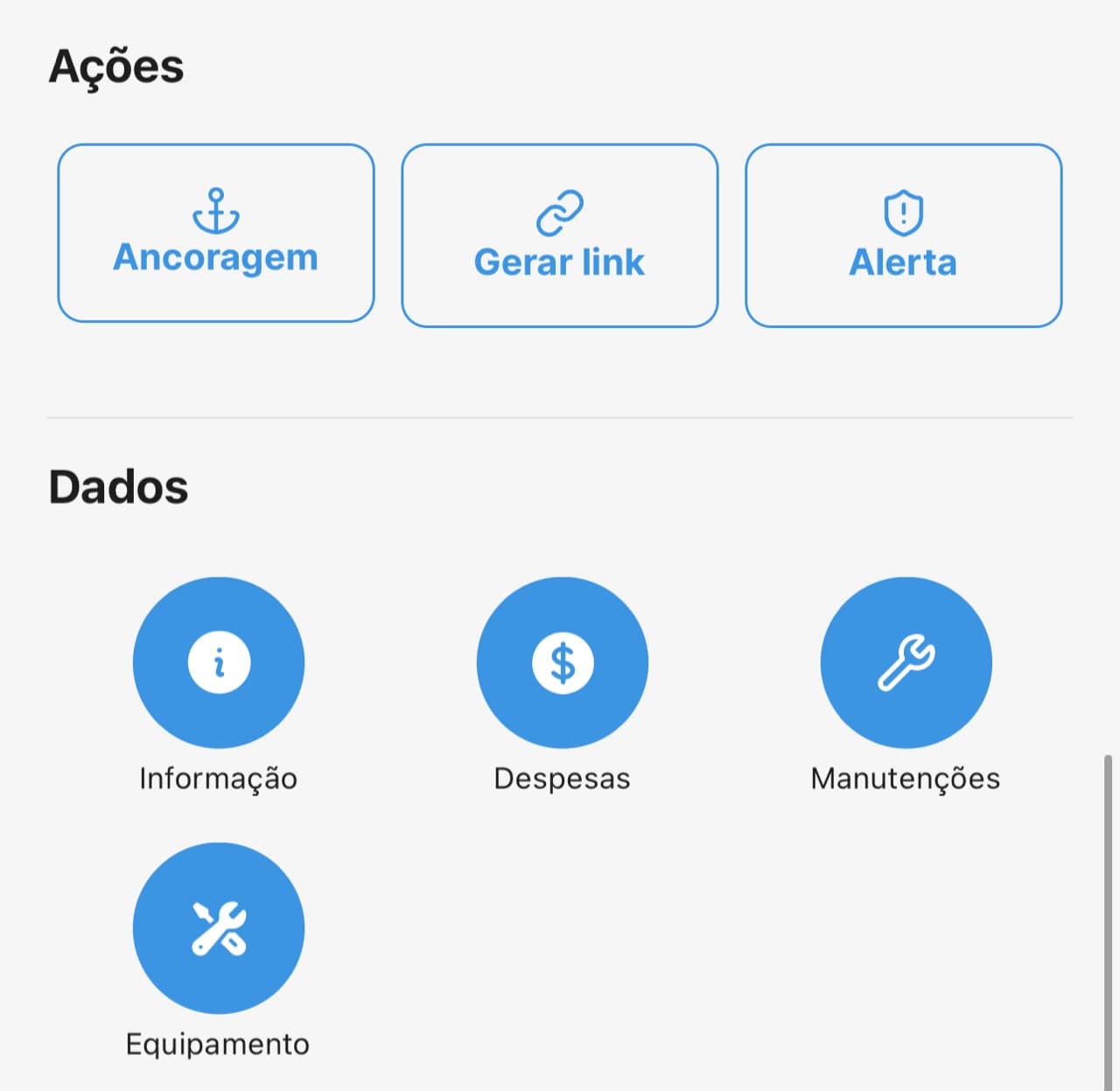 Tela de ações do aplicativo: ancoragem, gerar link, alerta, informação e despesas