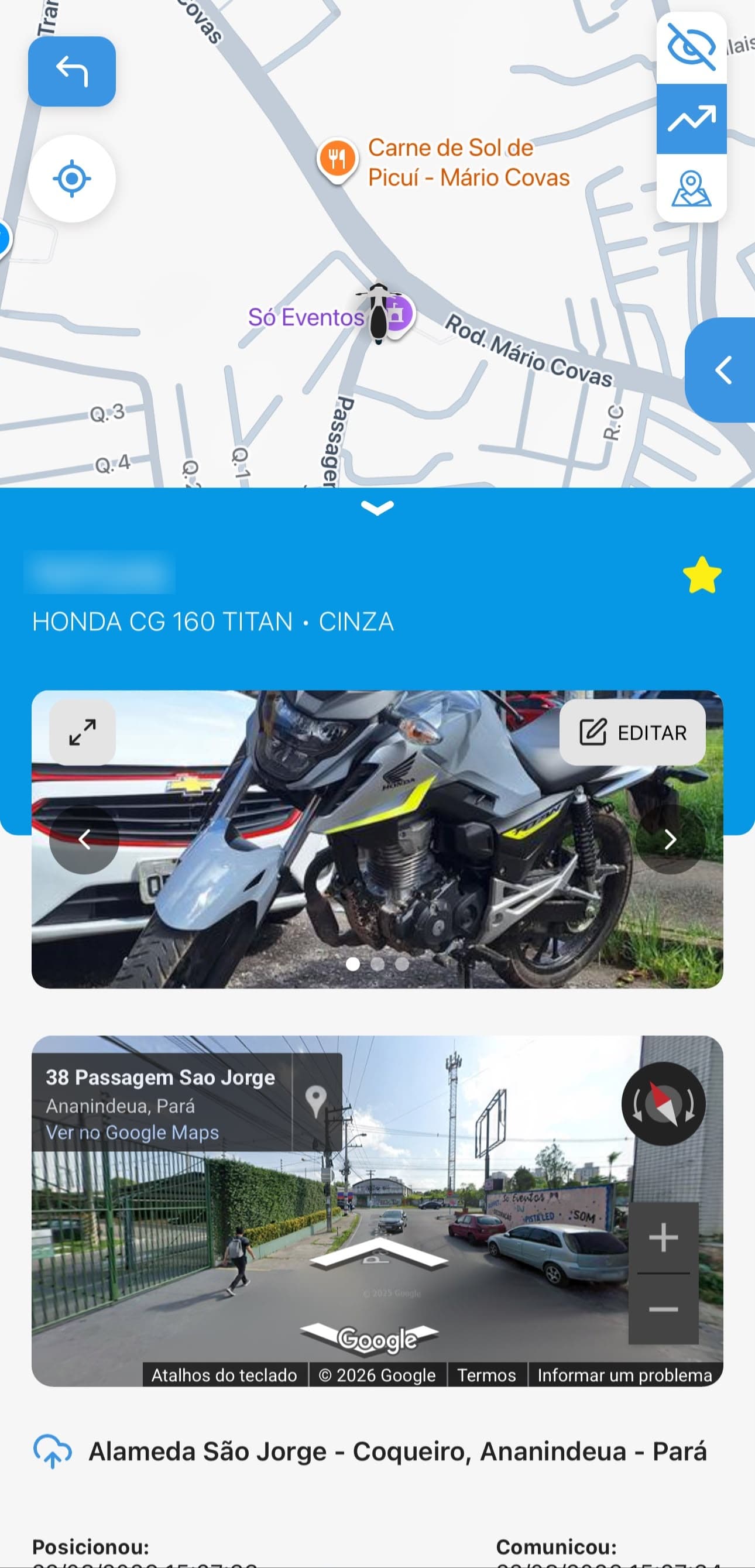 Mapa em tempo real mostrando a localização de uma moto Honda CG 160
