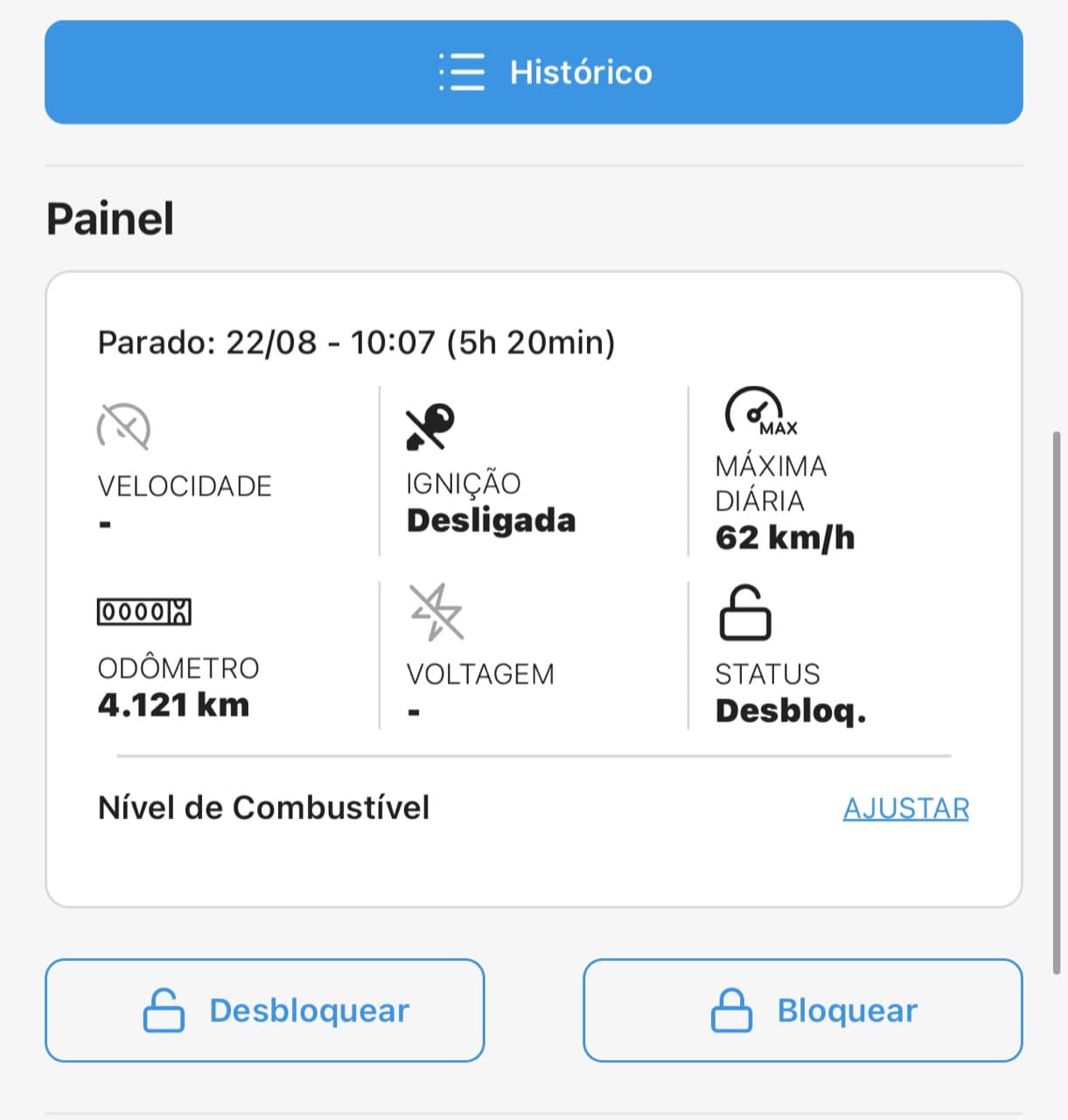Painel do aplicativo com velocidade, ignição, odômetro e status do veículo