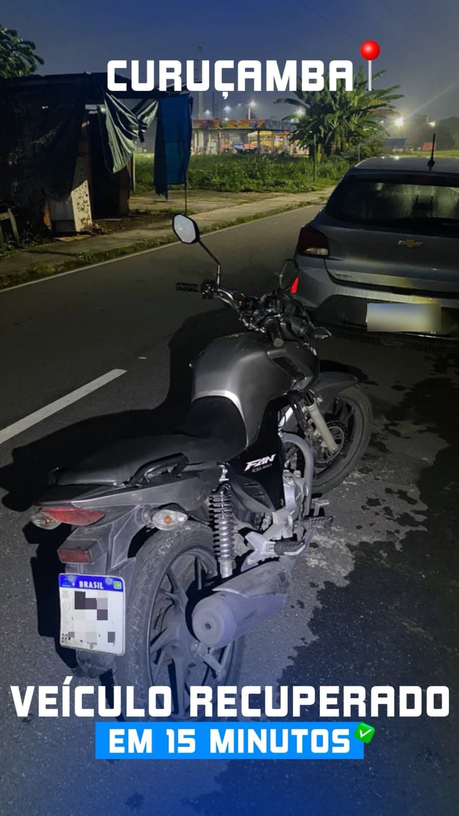 Moto recuperada à noite em Curuçamba pela equipe Falcon